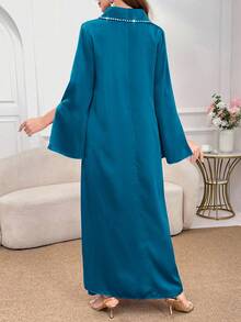 Al Najma Vestido árabe de un solo color sencillo para la vida cotidiana, con aberturas y mangas abombadas, para primavera y verano, vestido largo modesto y elegante de manga larga y longitud total tipo kaftan - Azul - Ver 2