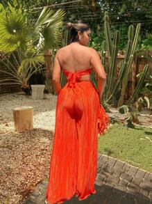 SHEIN SXY Conjunto de 2 piezas para el verano: Top sin tirantes naranja con escote y pantalones anchos naranja para vacaciones en la playa, ropa de mujer - Naranja Quemada - Ver 2