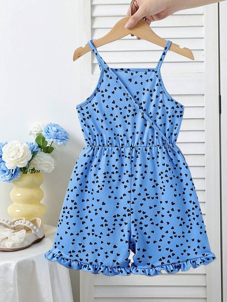 Young Girl Summer Beach Playsuit With Heart Print, Spaghetti Strap And Elastic Waist, For Season Transition And Holiday - Blue - View 2