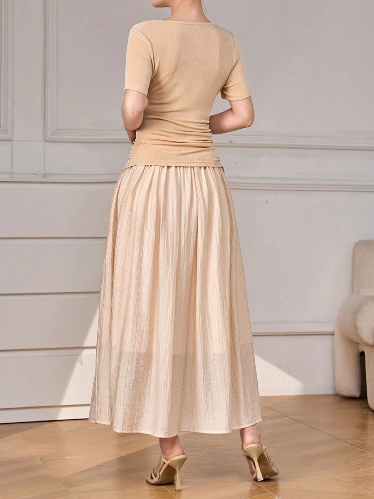 Women's Solid Color Asymmetrical Neckline Pleated Short Sleeve Top And Skirt Casual Summer Two-Piece Set 2 Pieces Set
