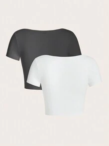 SHEIN EZwear 2pcs Simple Round Neck Short Sleeve Slim Fit Women's T-Shirt, Summer Suitable For Going Out - Multicolor - View 2