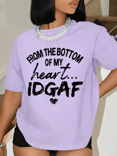 SHEIN Slayr 女式夏季休闲 T 恤，带口号印花和圆领短袖，图案 T 恤 FROM THE BOTTOM OF MY Heart 图案 T 恤女式上衣