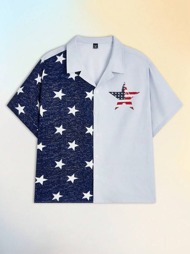 Men's Plus Size Woven Short Sleeve Shirt With Printed Design, Slim Fit, Suitable For Summer And Daily Wear