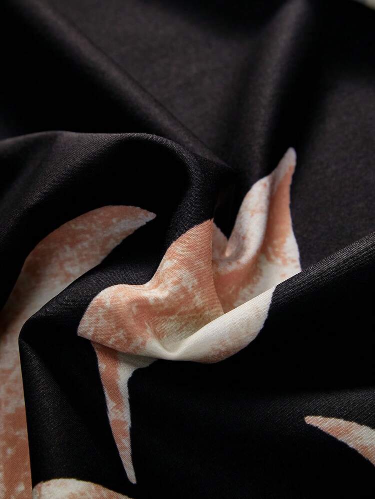 Plus Size Holiday Black Leaf Silhouette Printed Tank Top And Skirt Set For Women Beachwear