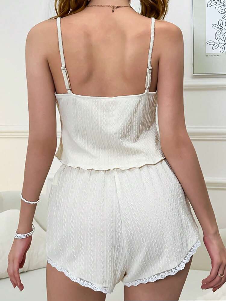 Contrast Lace Jacquard Cami & Shorts Pajama Set