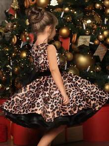 Tween Girl Leopard Print Sleeveless Party Dress With Flared Skirt - Coffee - View 3