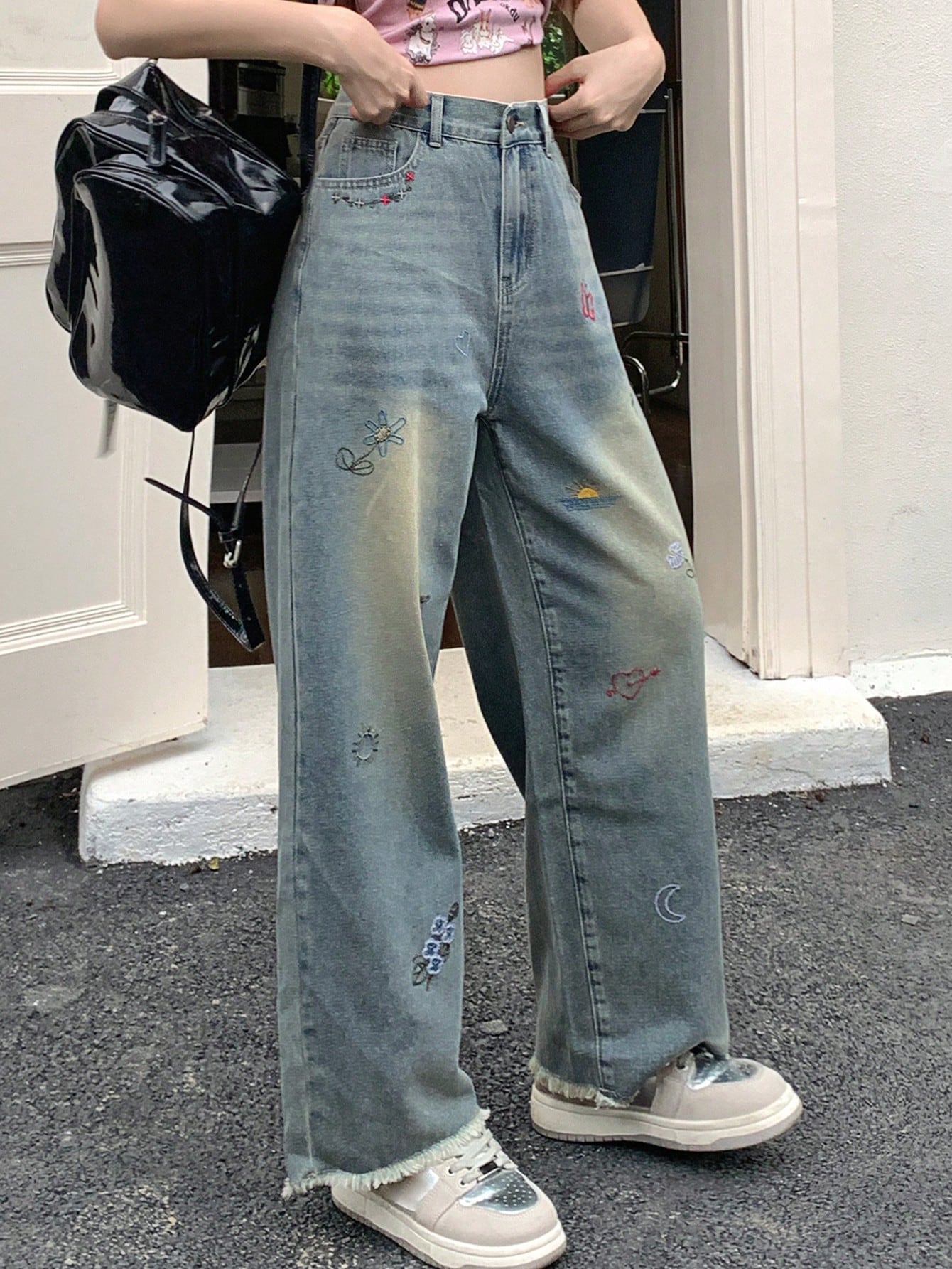 DAZY سراويل جينز نسائية بتصميم مستقيم وفضفاض مع طب...