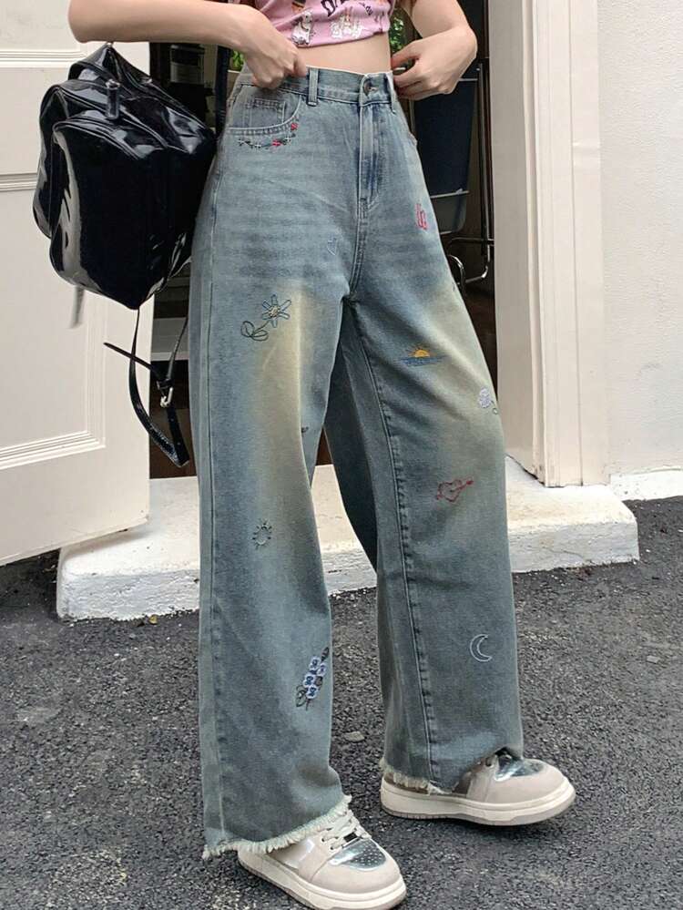 Ladies' Cherry Printed Loose Fit Straight Leg Denim Jeans With Raw Hem Pockets,Back To School Clothes