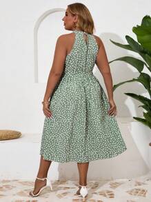 SHEIN Clasi 加大尺碼女裝時尚印花露肩收緊腰裙 - 綠色 - 查看 2