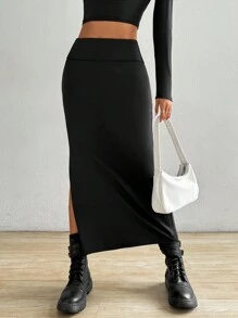 SHEIN EZwear Women's Fashion Solid Color Slim Fit Split Hem Long Skirt