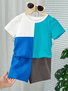 SHEIN 男女寶寶休閒針織彩塊短袖T恤配彈性腰短褲套裝，適用於夏季 - 彩色 - 查看 8