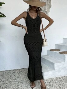 Women's Solid Color Minimalistic Everyday Hollow Slip Dress Summer - Black - View 3