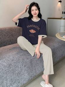 DAZY Bộ đồ mặc nhà in họa tiết khối màu bánh mì thời trang dành cho nữ - Màu xanh hải quân - Xem 4