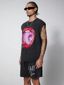 PAVTROS Manfinity Streetrush Men Graphic Print Sleeveless Round Neck Tank Top And Drawstring Letter Print Shorts Summer Casual Outfit - Black - View 5