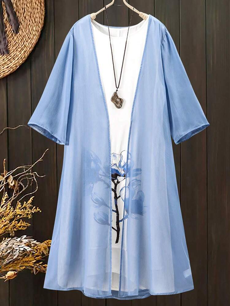 Plus Size Women's Elegant Printed Dress With Cover Up Set