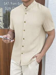 Manfinity BRENVOR Men's Solid Color Stand Collar Short Sleeve Woven Casual Shirt, Summer, Couple Things - Apricot - View 3