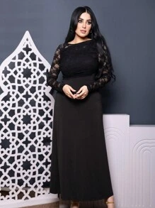 Modelyn Women Asymmetrical Collar Long Sleeve Lace Elegant Dress Long Evening Dresses - Black - View 1