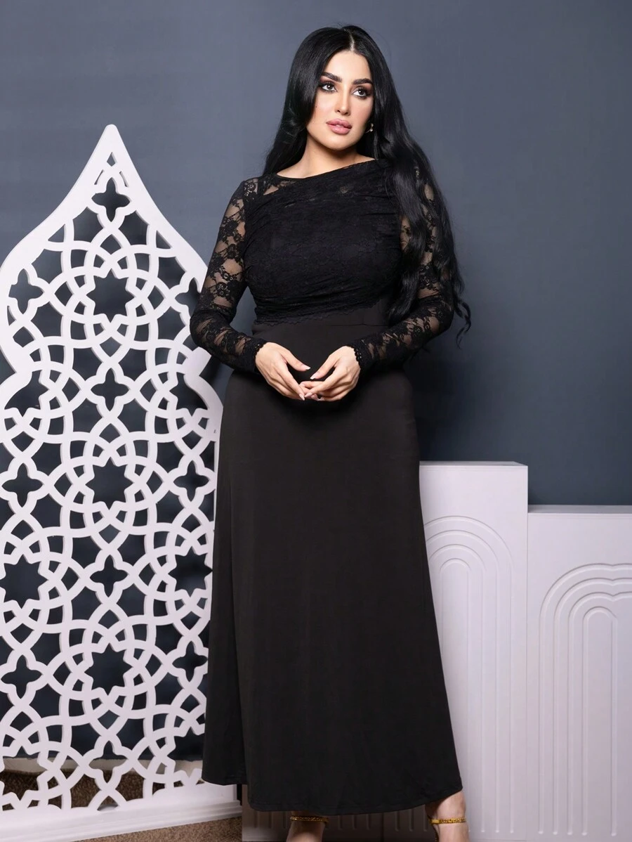 Modelyn Women Asymmetrical Collar Long Sleeve Lace Elegant Dress Long Evening Dresses - Black - View 1