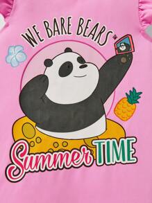 We Bare Bears X SHEIN Baby Girl Pink Adorable Holiday Photoshoot Cartoon Bear Print Romper With Ruffle Armhole - Pink - View 4