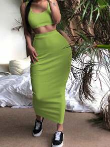 Zolique 女士夏季純色短背心和修身長裙套裝 - 綠色 - 查看 4