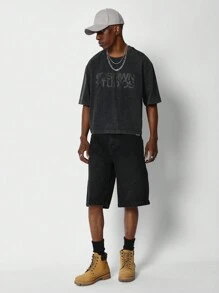 SUMWON Crop Fit Washed Tee With Front Graphic Print - Black - View 4