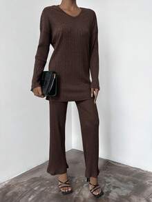 SHEIN Cottnline Ladies' Solid Color Round Neck Long Sleeve T-Shirt And Trousers Two-Piece Set - Brown - View 4