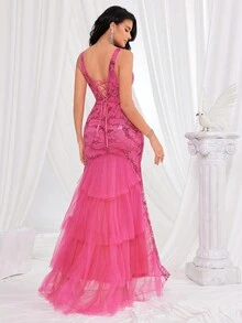 Deep V-Neck High Slit Sexy Mermaid Party Dress - Hot Pink - View 2