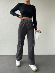 RueChic Drawstring Waist Multi-pocket Long Pants - Grey - View 3