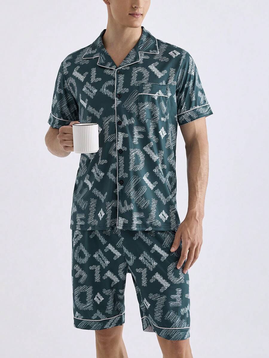 Men's Hyper All Over Print Lapel Button Front Pajama Set With Bermuda Shorts Loungewear - Multicolor - View 1