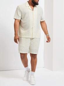 Manfinity Homme Nam Plus Size Mùa Hè Màu Trơn Cổ Áo Sơ Mi Áo Sơ Mi Tay Ngắn Và Quần Short Trang Phục Thường Ngày - Màu be - Xem 3