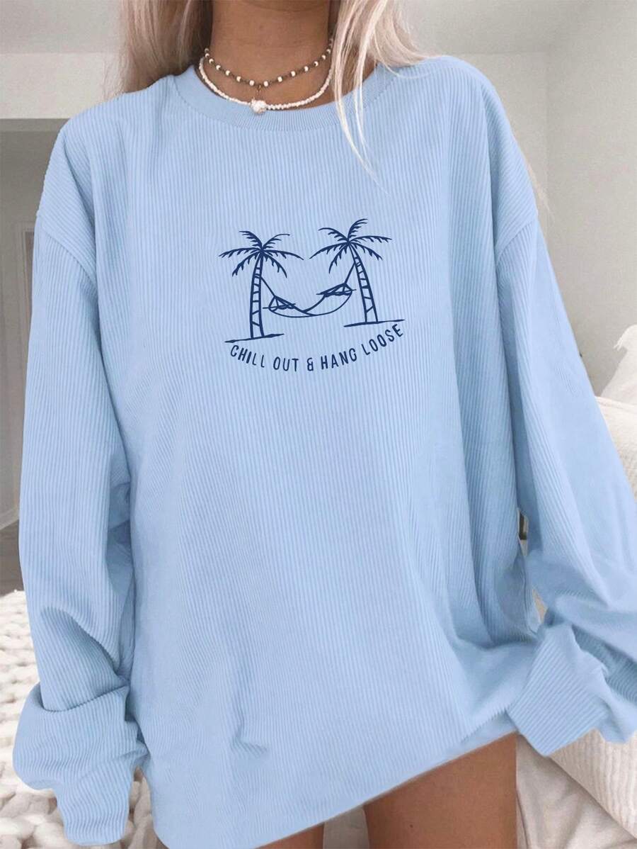 INAWLY 女士春夏休闲版型休闲 T 恤，带有棕榈树标语印花、落肩和圆领图案 T 恤女士上衣 - 藍色 - 查看 1