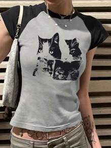 INAWLY 女士夏季貓印花圓領寬鬆短袖休閒T恤 - 彩色 - 查看 1