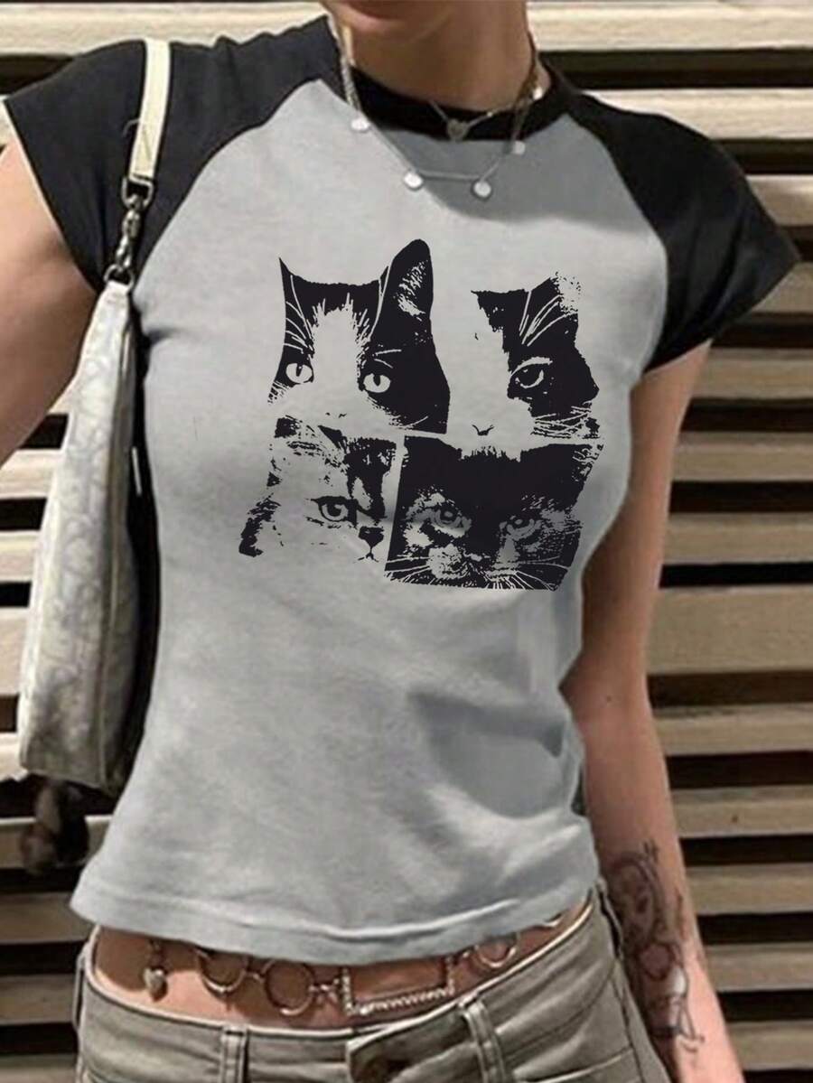 INAWLY 女士夏季貓印花圓領寬鬆短袖休閒T恤 - 彩色 - 查看 1