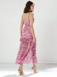 Enchnt Women's Elegant Tie-Dye Ruffle Hem Spaghetti Strap Dress, Summer