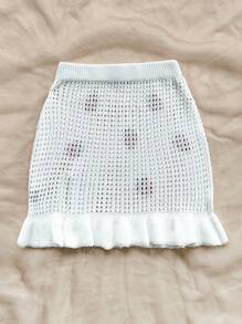 Soleia Stickad kjol med slitsar, jordgubbsdekoration och volangkant för kvinnor, höst/vinter - Vitt - Visa 2