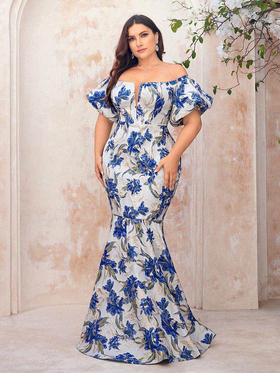 SHEIN Belle Plus Size Cinza Azul Luxo Ouro Prata Seda Jacquard Cetim Manga Princesa Sem Alças Sexy Elegante Lindo Dramático Vintage Bainha Sereia Formal Baile Jantar Noite Vestidos Semi Formal Vestido de Convidado de Casamento, Para Aniversário, Formatura, Baile de Boas-vindas - Multicolorido - Ver 1
