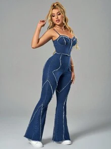 SHEIN SXY 女士日常簡約設計牛仔連身褲 - 深色水洗藍 - 查看 5