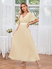 SHEIN Belle Váy phù dâu cổ chữ V tay ngắn dành cho nữ, màu trơn thời trang - Màu be - Xem 4