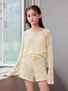 Tween Girl Casual Solid Color Comfortable Sweater Suit With Round Neckline And Pullover Top And Pants - Apricot - View 6