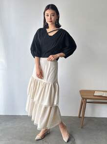 FRIFUL Women's Solid Color Casual Ruffle Hem Skirt - Apricot - View 2