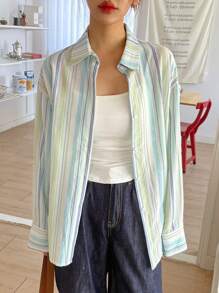 DAZY Áo sơ mi dài tay cổ bẻ thoáng khí kẻ sọc cho nữ, trang phục công sở thường ngày, xuân/hè - màu xanh lá - Xem 4