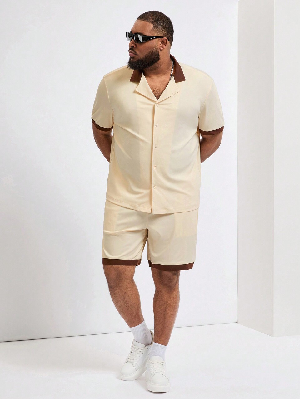 Men's Plus Size Simple Solid Color Short Sleeve Shirt And Shorts Set