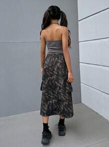 SHEIN Teen Girl Knitted Star Print Ruffled Halter Top And Camo Patch Pocket Skirt Set, 2pcs - Grey - View 2