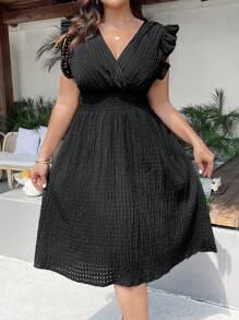 SHEIN Clasi Damen Große Größen Mode V-Ausschnitt Kapuzenkleid mit geraffter Taille, einfarbig, Urlaubsstil - Schwarz - Übersicht 5