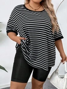 SHEIN CURVE+ 大尺碼女士休閒條紋與印花圓領下垂肩短袖T卹，夏季款式 - 黑色 - 查看 3