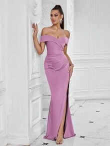 ADYCE 露肩开衩高腰褶皱侧边鱼尾裙摆鸡尾酒会礼服，优雅适合晚宴、正式晚宴、婚礼宾客穿着（女装） - 淡紫色 - 查看 3