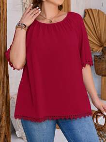 EMERY ROSE Plus Size Women's Summer Fashion Solid Color Ruched Lace Trim Blouse - Burgundy - View 4