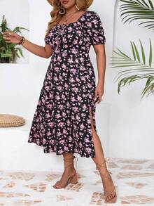 SHEIN VCAY 大尺碼女性時尚夏季甜美印花收腰分開式裙子 - 粉色 - 查看 4