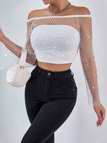 Zolique 女士时尚性感水钻渔网露肩文胸无袖短款上衣和系带露肩上衣性感时尚上衣套装，适合夏季和秋季穿着。 - 白色 - 查看 5