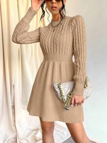 EURMUSE Women's Round Neck Long Sleeve Knitted Sweater Dress - Apricot - View 6